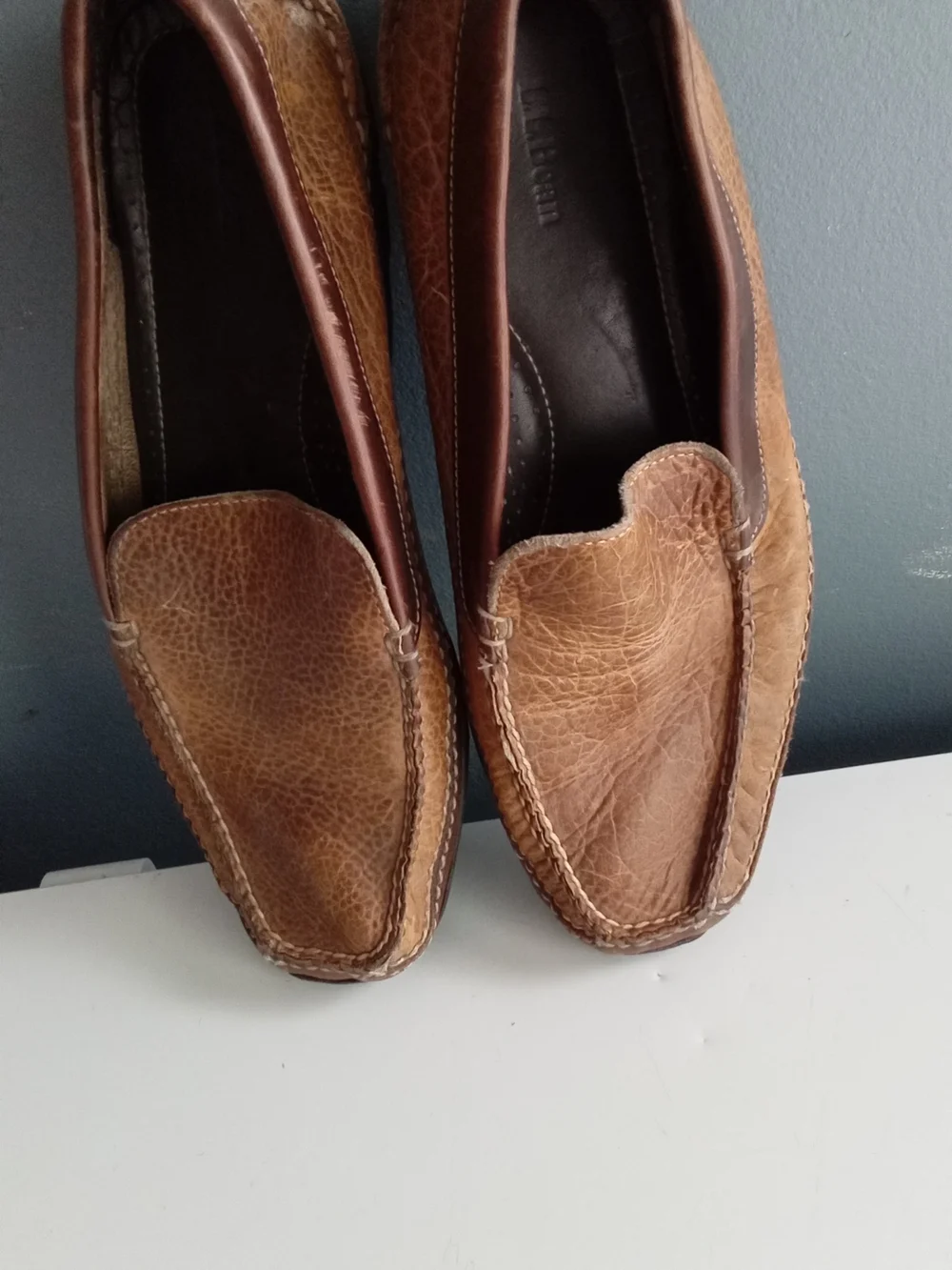 LL Bean Mens Pebble Grain‎ Leather Driving Moccasin Loafers Tan Brown Slip On